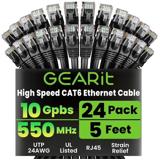 Cat 6 Ethernet Cable 5 Ft (24-Pack) - Cat6 Patch Cable, Cat 6 Patch Cable, Cat6 Cable, Cat 6 Cable, Cat6 Ethernet Cable, Network Cable, Internet Cable - Black 5 Feet